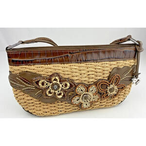 Brighton Woven Wicker Straw Handbag Leather Flowers Golden Yellow Tan Purse EUC